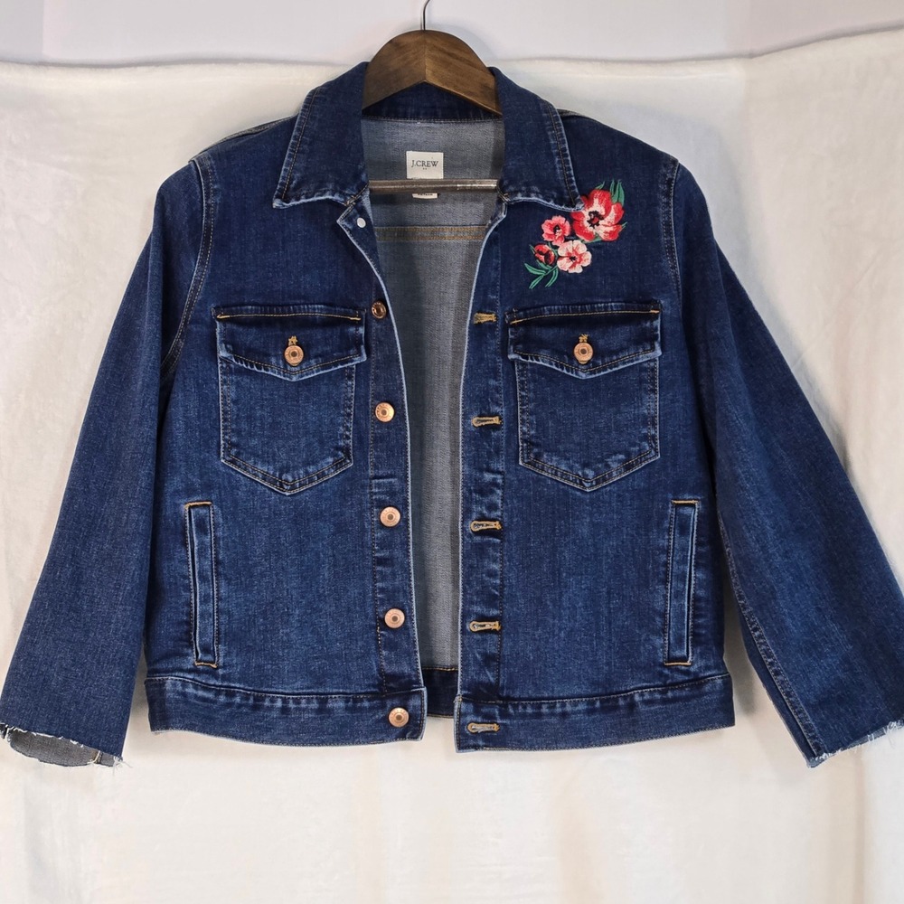 J.Crew Womens Floral Embroidered Denim Jacket Dark Indigo Raw Hem Medium M